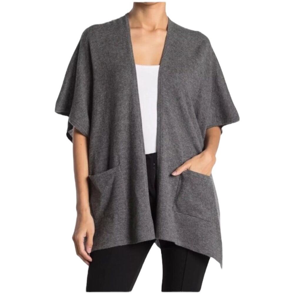 Phenix NWT 100% Cashmere Jersey Wrap Shawl Cardigan Sweater Gray Pocket Size OS